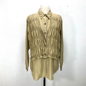 Vintage Woman Croquet Silk Blouse Smocked Attached Vest Large Tan Boho Steampunk